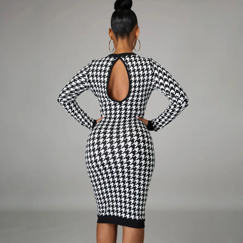 Long Sleeve Midi Dress Hollow Out Bodycon Sexy Elegant Slim