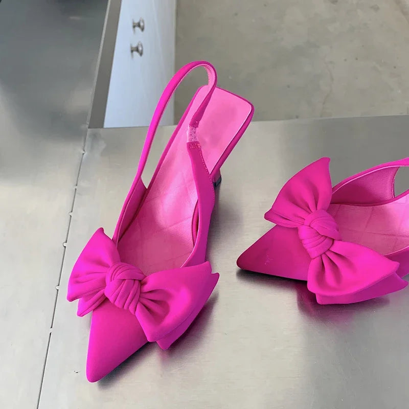 2024 Summer Brand Women Slingback Sandals Heeled Shoes Fashion Bow-knot Pointed Toe Slip on Ladies Elegant Dress Pumps Shoes