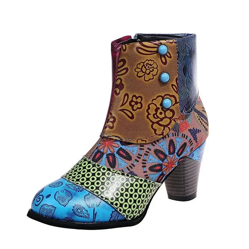 Vintage Splicing Printed Ankle Boots for Women