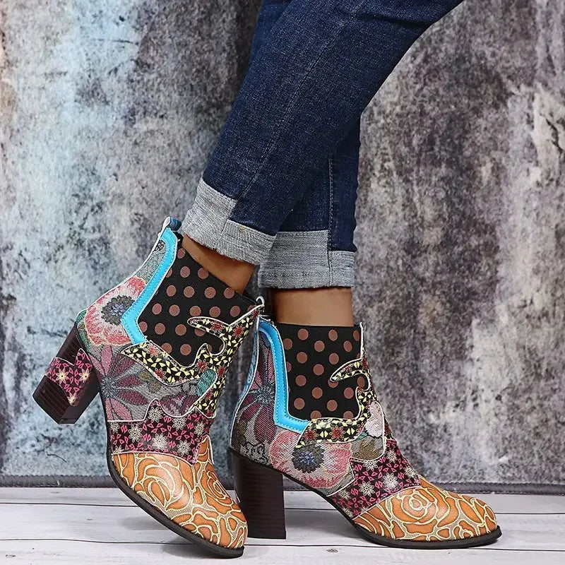 Vintage Splicing Printed Ankle Boots for Women