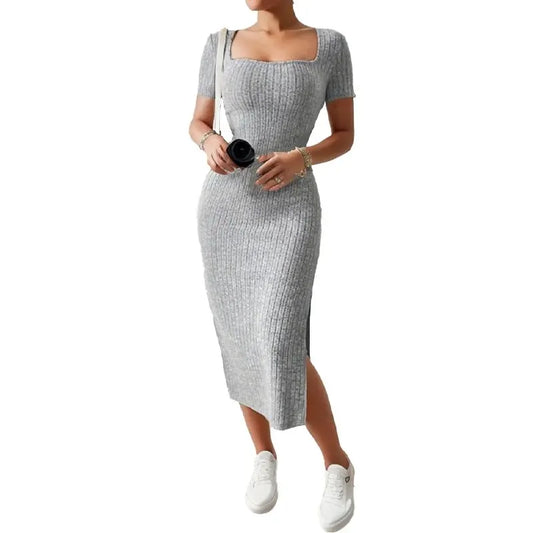 Summer Square Neck, Hip-Hugging Mid-Length Slit Dress