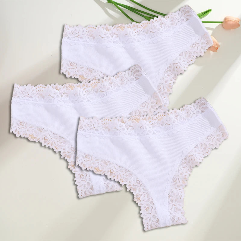 FINETOO 3PCS/Set Cotton Brazilian Underwear for Women Sexy Lace Ribbed Floral Thongs Female Breathable Solid T-back Bikini S-XL