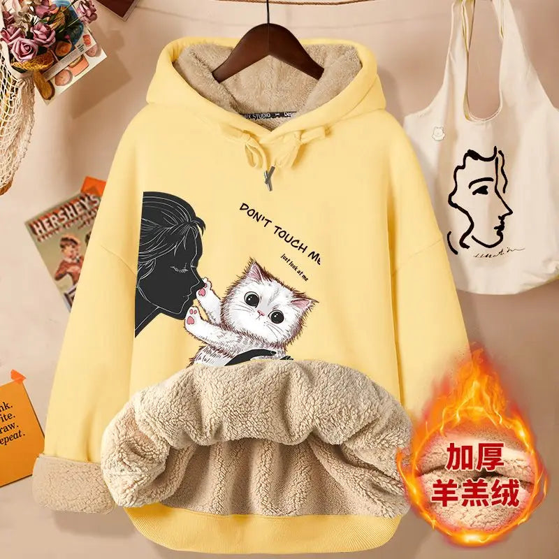 Lamb Velvet Sweatshirt Women New Kiss Cat Print Autumn Winter