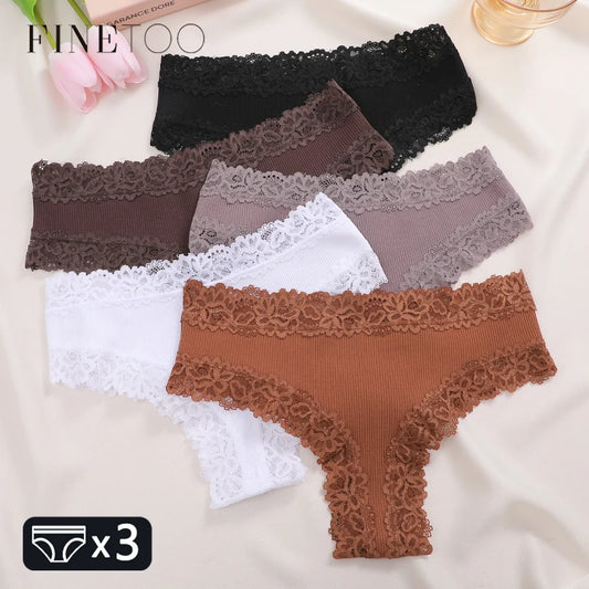 FINETOO 3PCS/Set Cotton Brazilian Underwear for Women Sexy Lace Ribbed Floral Thongs Female Breathable Solid T-back Bikini S-XL