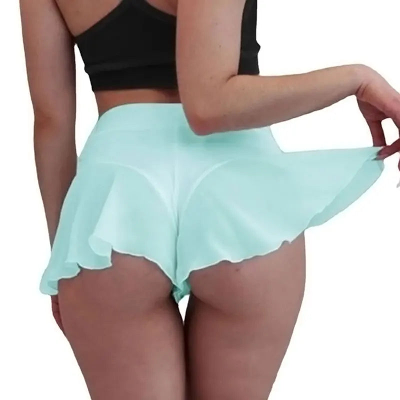 Womens Sexy Sheer Ruffles Skirt Shorts Transparent High Waist Mini Skirts Summer Sports Fitness Yoga Dance Hot Pants S-3XL