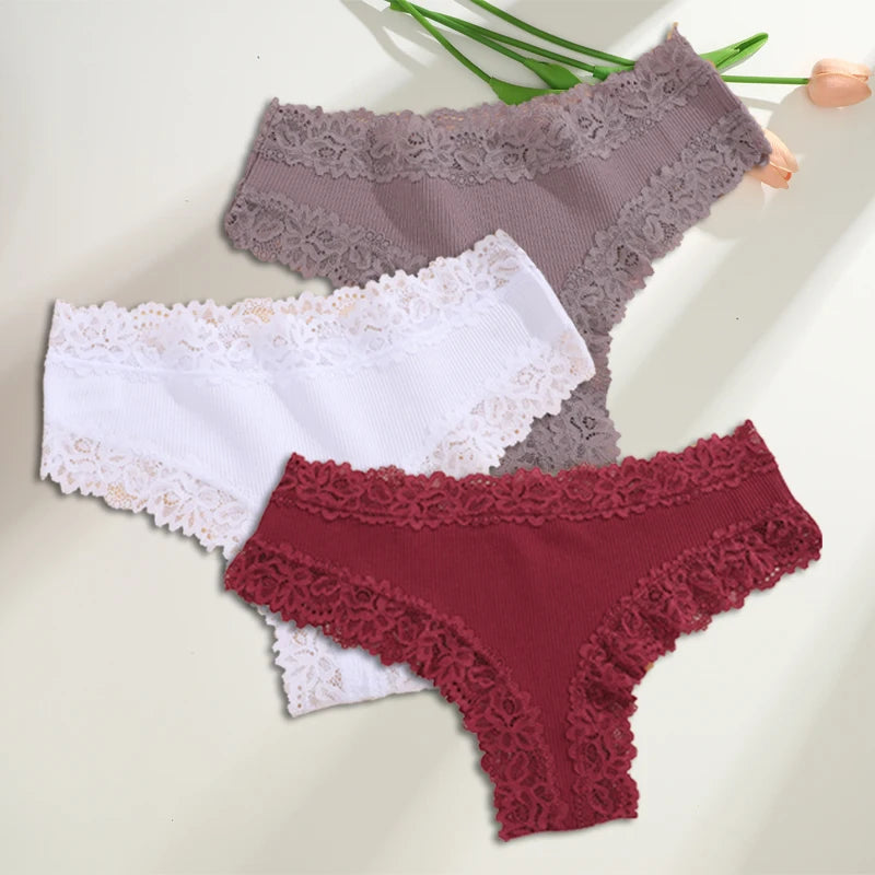 FINETOO 3PCS/Set Cotton Brazilian Underwear for Women Sexy Lace Ribbed Floral Thongs Female Breathable Solid T-back Bikini S-XL