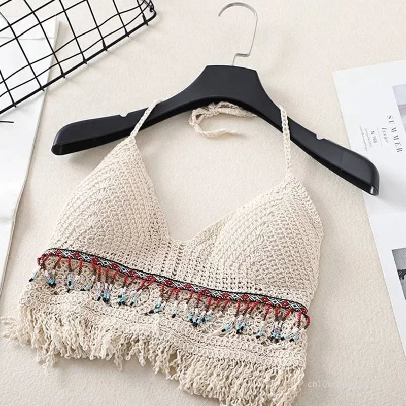 Sexy Hollow Out Underwear Women Summer Beach Short Tank Top Women Sweet Knitted Bra Tassel Women Short Top Debardeur Femme