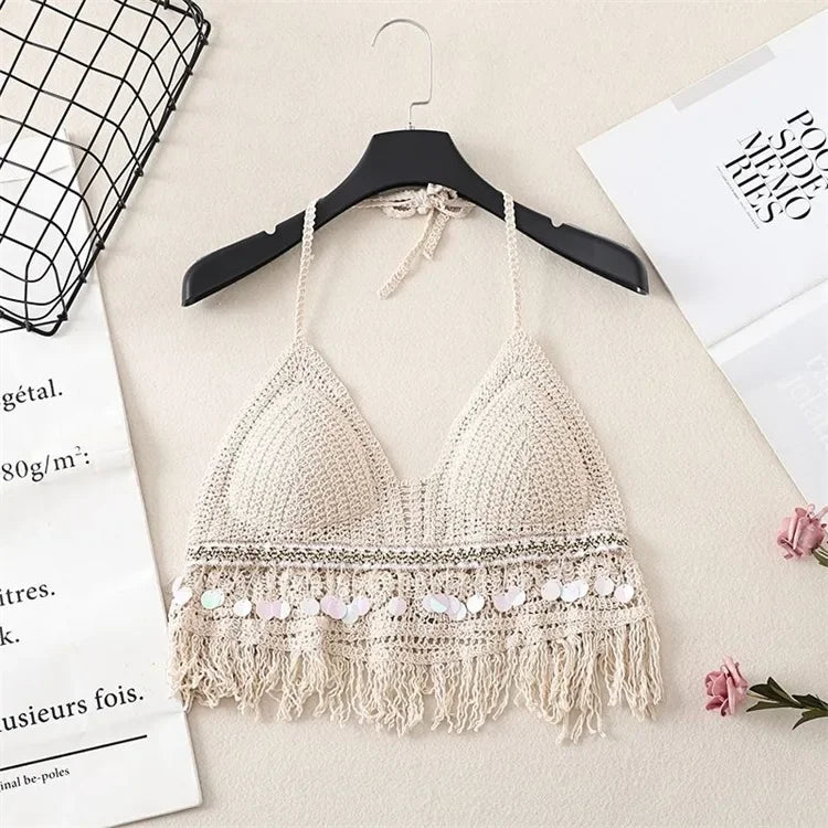 Sexy Hollow Out Underwear Women Summer Beach Short Tank Top Women Sweet Knitted Bra Tassel Women Short Top Debardeur Femme