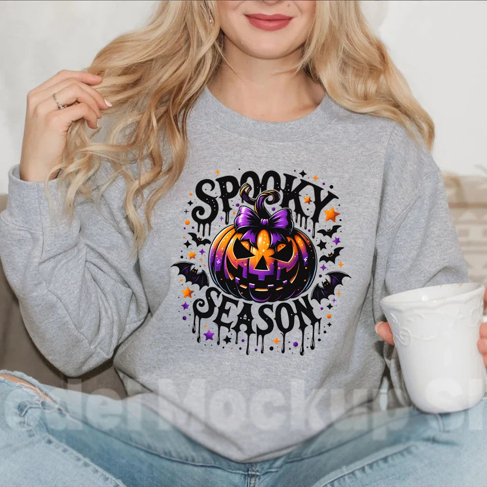 Spooky Season Sweater Retro Halloween Sweatshirts Pumpkin Hoodies Witchy Bats Womens Clothing Spooky Vibes Round Neck Sweatshirt