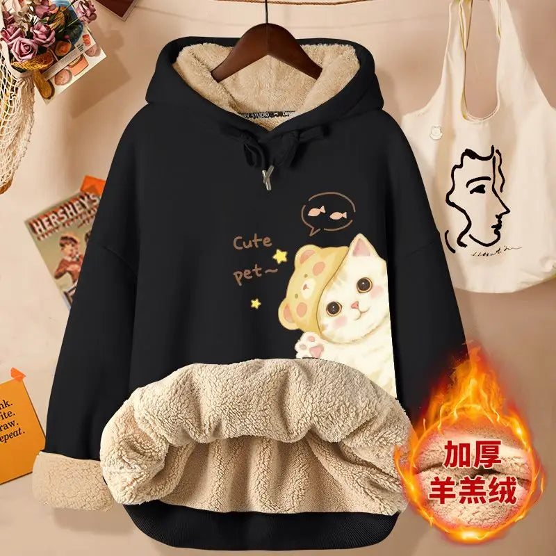 Lamb Velvet Sweatshirt Women New Kiss Cat Print Autumn Winter