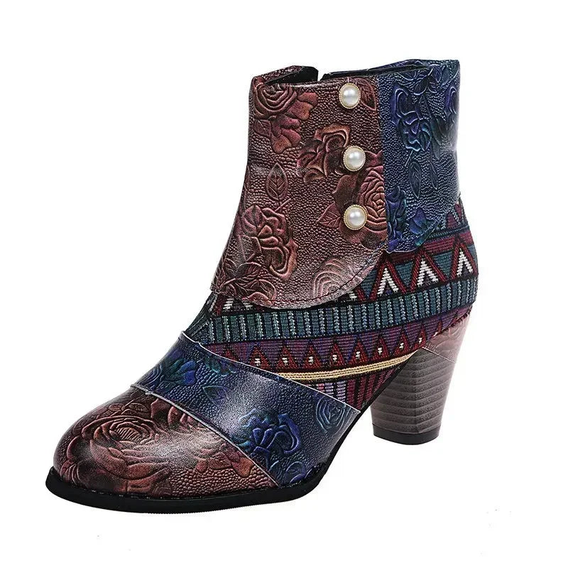 Vintage Splicing Printed Ankle Boots for Women