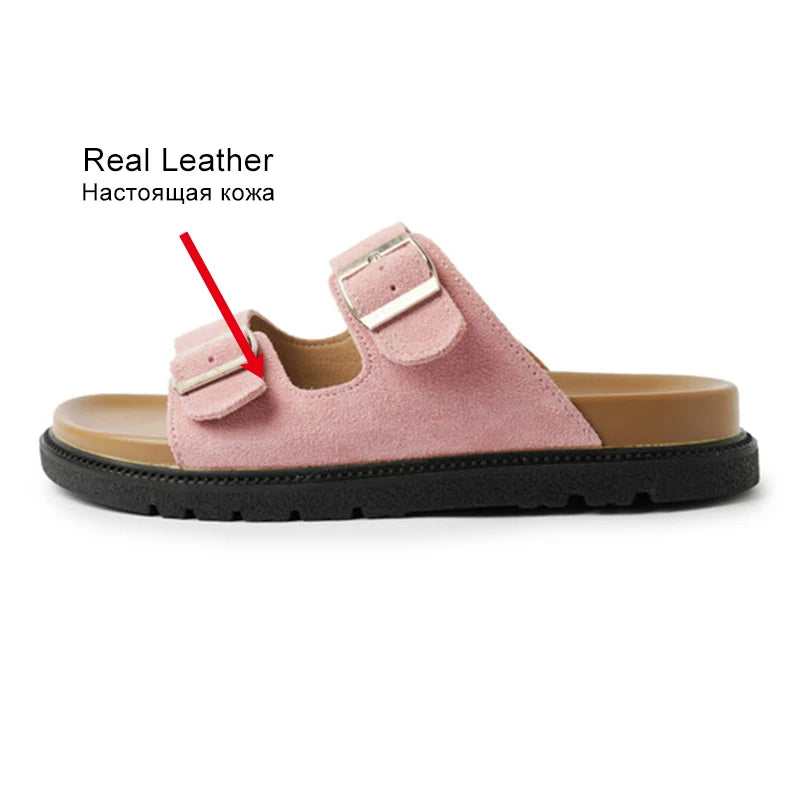 JOZHAMTA Size 35-40 Women Flats Slides Slippers Real Leather Low Heels Summer Shoes 2024 Ins Fashion Casual Beach Daily Dress