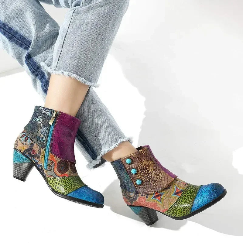 Vintage Splicing Printed Ankle Boots for Women