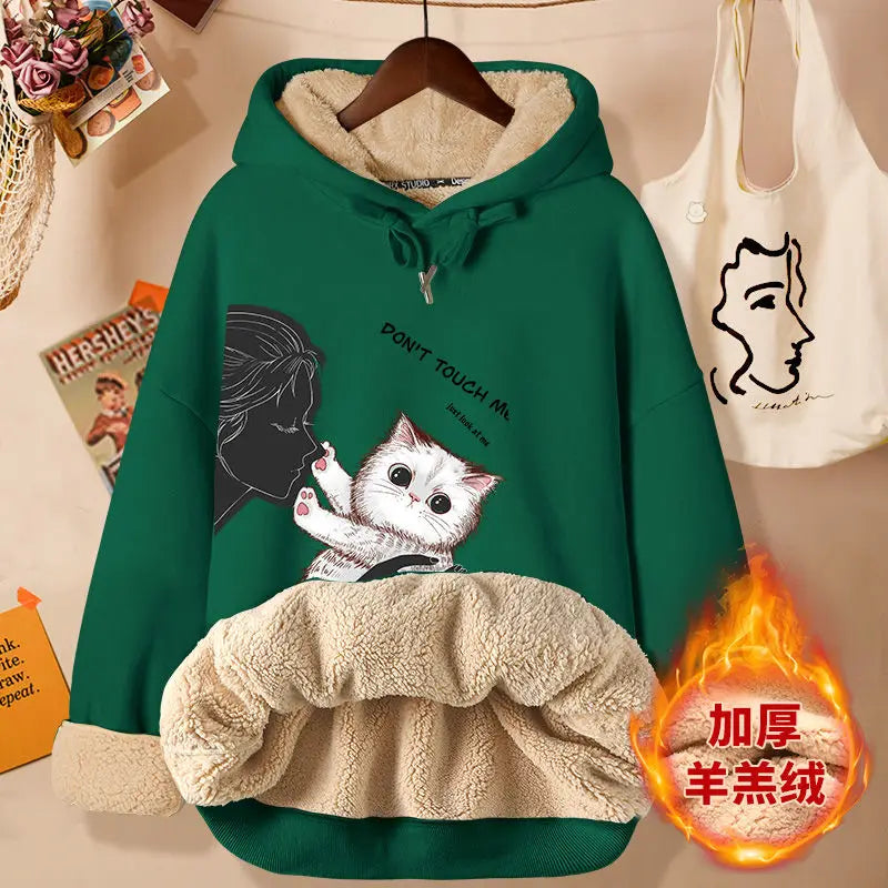 Lamb Velvet Sweatshirt Women New Kiss Cat Print Autumn Winter