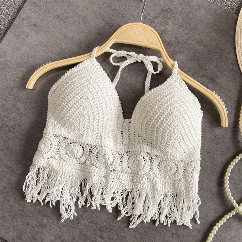 Sexy Hollow Out Underwear Women Summer Beach Short Tank Top Women Sweet Knitted Bra Tassel Women Short Top Debardeur Femme