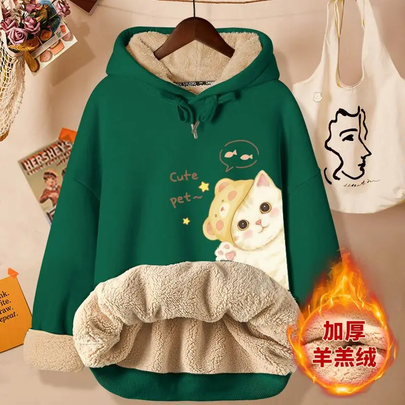 Lamb Velvet Sweatshirt Women New Kiss Cat Print Autumn Winter