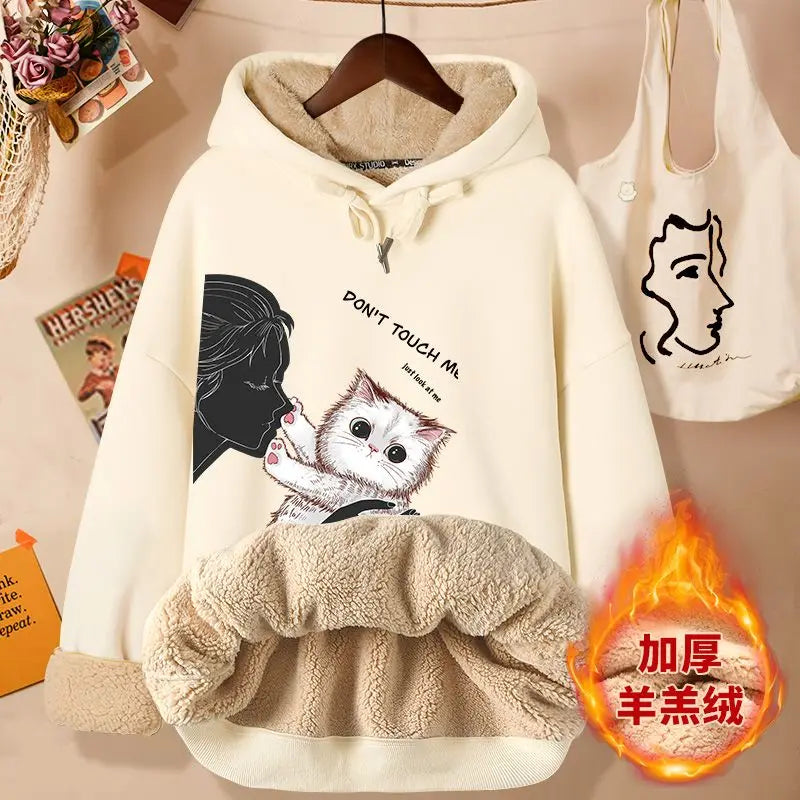 Lamb Velvet Sweatshirt Women New Kiss Cat Print Autumn Winter