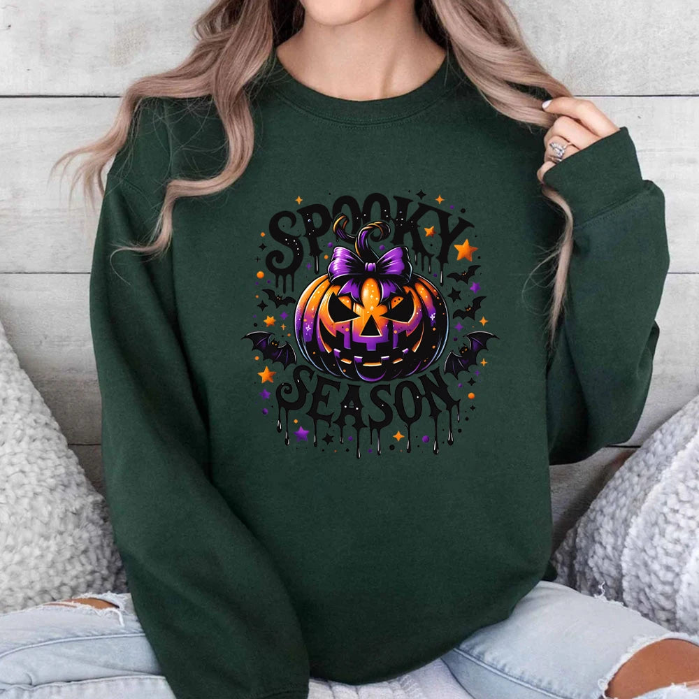 Spooky Season Sweater Retro Halloween Sweatshirts Pumpkin Hoodies Witchy Bats Womens Clothing Spooky Vibes Round Neck Sweatshirt