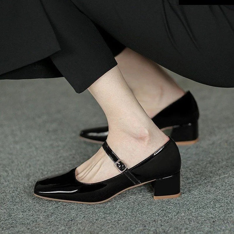 New Women's Red Black Mary Janes Shoes High Quality Leather Low Heel Dress Shoes Square Toe Shallow Buckle Strap Women's Shoes