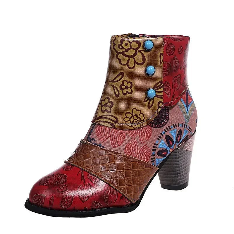 Vintage Splicing Printed Ankle Boots for Women