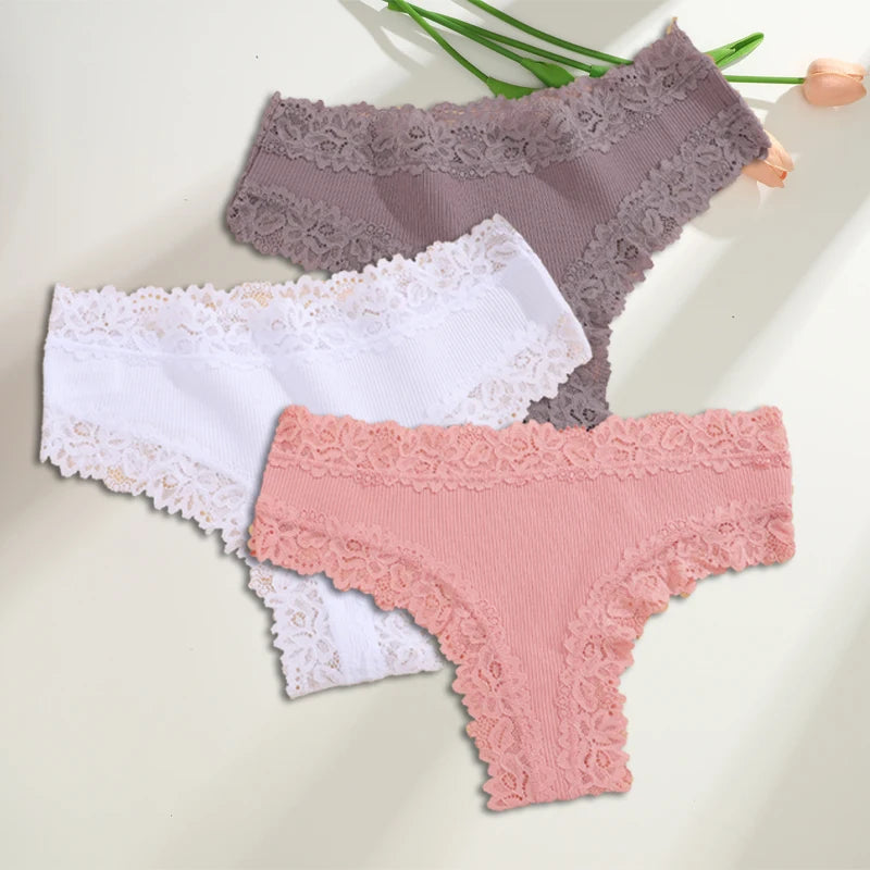 FINETOO 3PCS/Set Cotton Brazilian Underwear for Women Sexy Lace Ribbed Floral Thongs Female Breathable Solid T-back Bikini S-XL