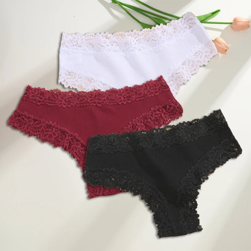 FINETOO 3PCS/Set Cotton Brazilian Underwear for Women Sexy Lace Ribbed Floral Thongs Female Breathable Solid T-back Bikini S-XL