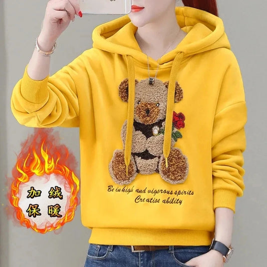 2024 Autumn Winter New Golden Velvet Hooded Sweatshirt Women's