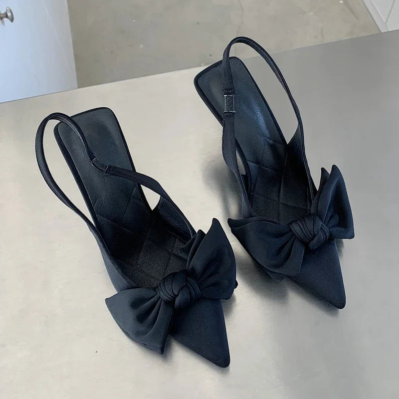 2024 Summer Brand Women Slingback Sandals Heeled Shoes Fashion Bow-knot Pointed Toe Slip on Ladies Elegant Dress Pumps Shoes