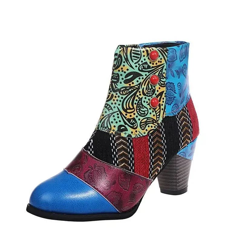 Vintage Splicing Printed Ankle Boots for Women