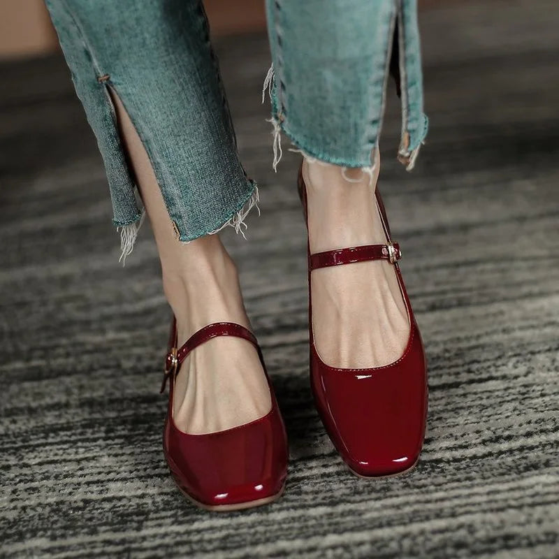 New Women's Red Black Mary Janes Shoes High Quality Leather Low Heel Dress Shoes Square Toe Shallow Buckle Strap Women's Shoes