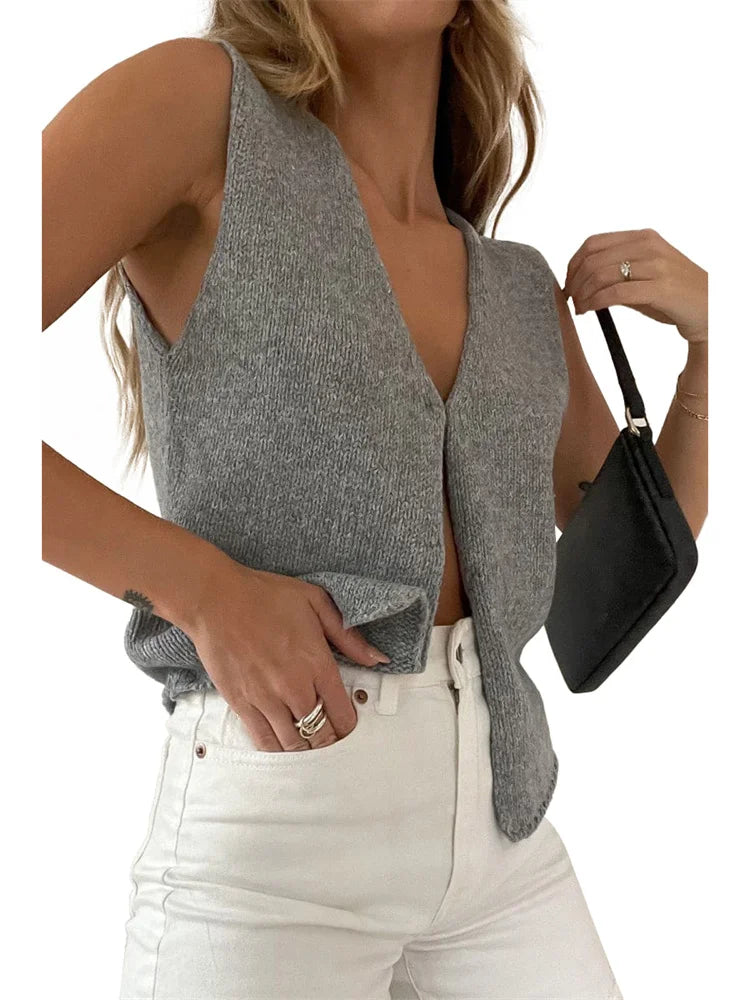 Women Knitted Sweaters Vest Tops Casual Retro Sleeveless V-Neck Buttons Up Tank Summer Autumn Chic Vest 2022 Club