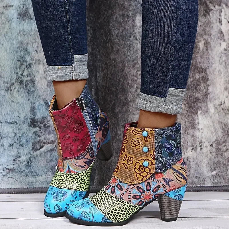 Vintage Splicing Printed Ankle Boots for Women