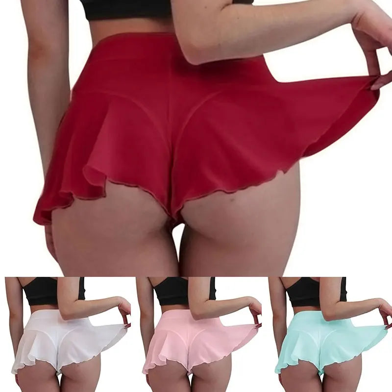 Womens Sexy Sheer Ruffles Skirt Shorts Transparent High Waist Mini Skirts Summer Sports Fitness Yoga Dance Hot Pants S-3XL