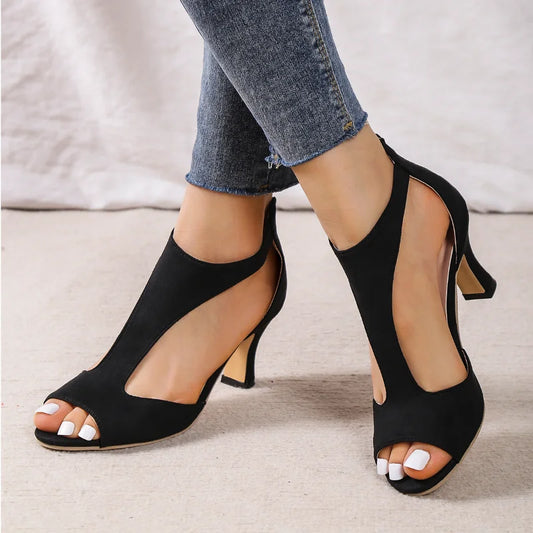 Summer New Brushed Leather Fish Mouth Sandals Women's Back Zipper Sexy Solid Color Comfortable High Heel Single Shoes Women