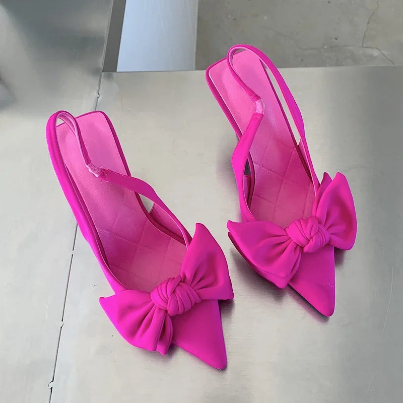 2024 Summer Brand Women Slingback Sandals Heeled Shoes Fashion Bow-knot Pointed Toe Slip on Ladies Elegant Dress Pumps Shoes