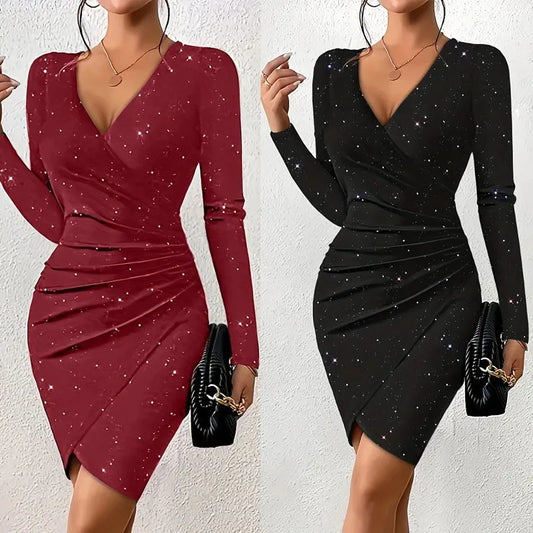 Fashion Women's Dress Elegant Fashion Solid V Neck Long Sleeve Mini Wrap Bodycon Folds Sexy Party Dresses For Women Vestidos