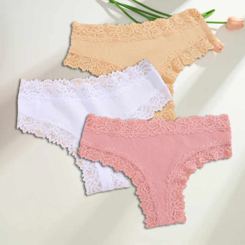 FINETOO 3PCS/Set Cotton Brazilian Underwear for Women Sexy Lace Ribbed Floral Thongs Female Breathable Solid T-back Bikini S-XL