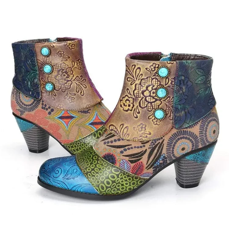 Vintage Splicing Printed Ankle Boots for Women