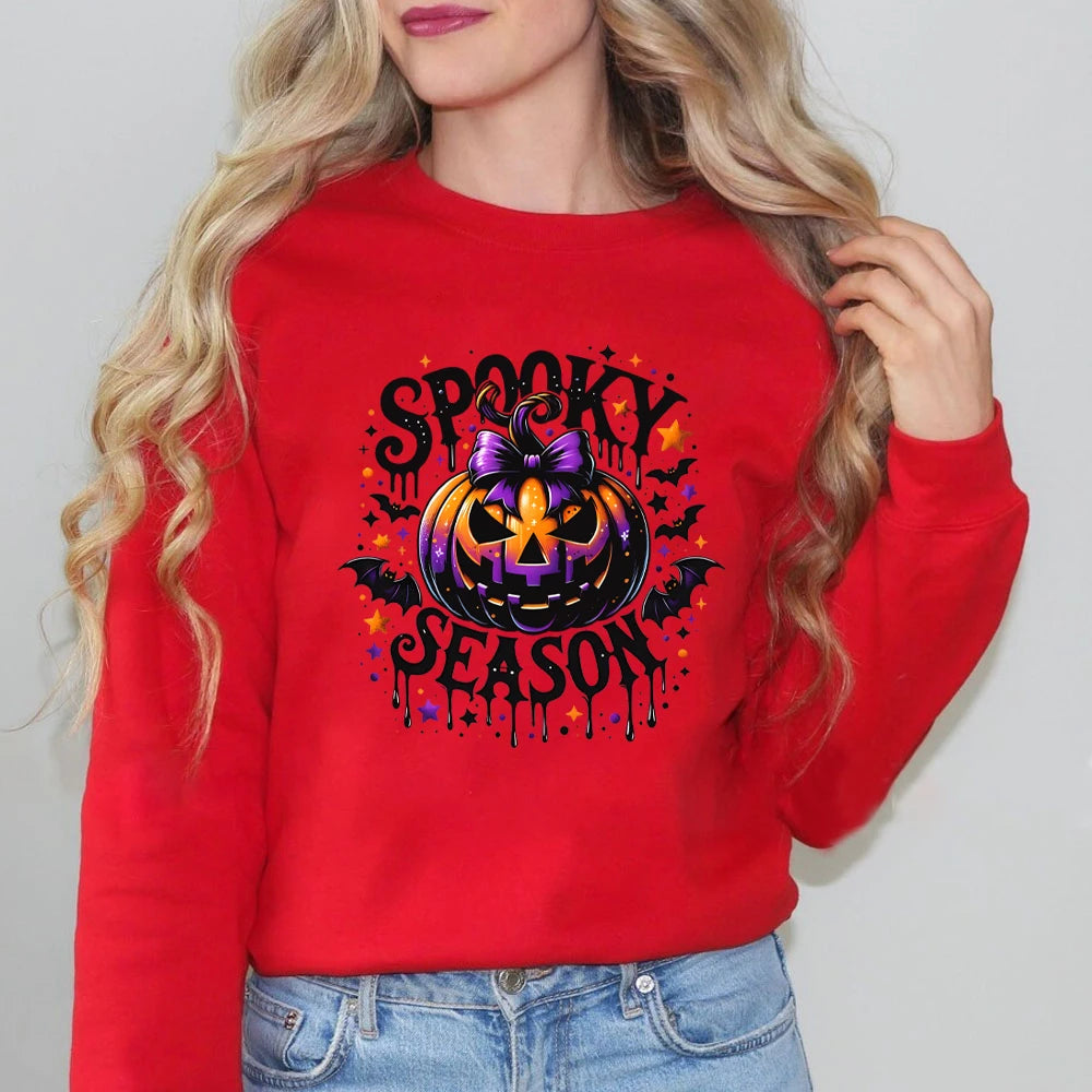 Spooky Season Sweater Retro Halloween Sweatshirts Pumpkin Hoodies Witchy Bats Womens Clothing Spooky Vibes Round Neck Sweatshirt