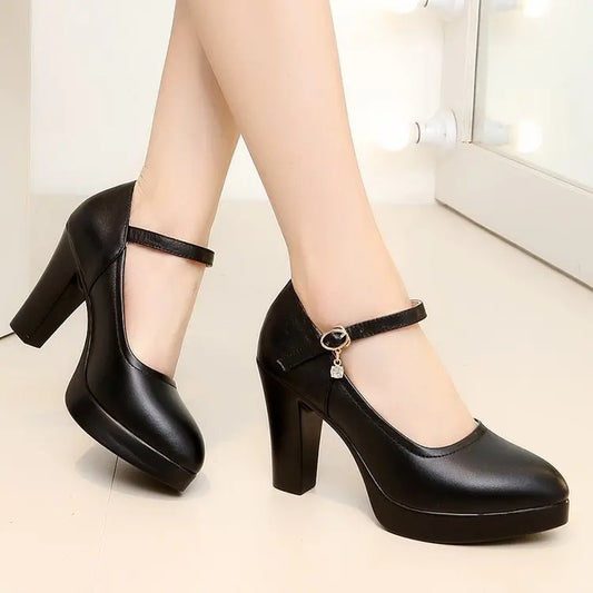 High Heels Platform Pumps Mujer Spring New Fashion Buckle Solid Black Shoes Woman PU Leather Waterproof Shoes Femme