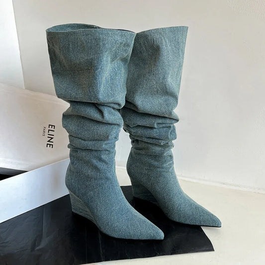 2024 Black Denim Long Boots