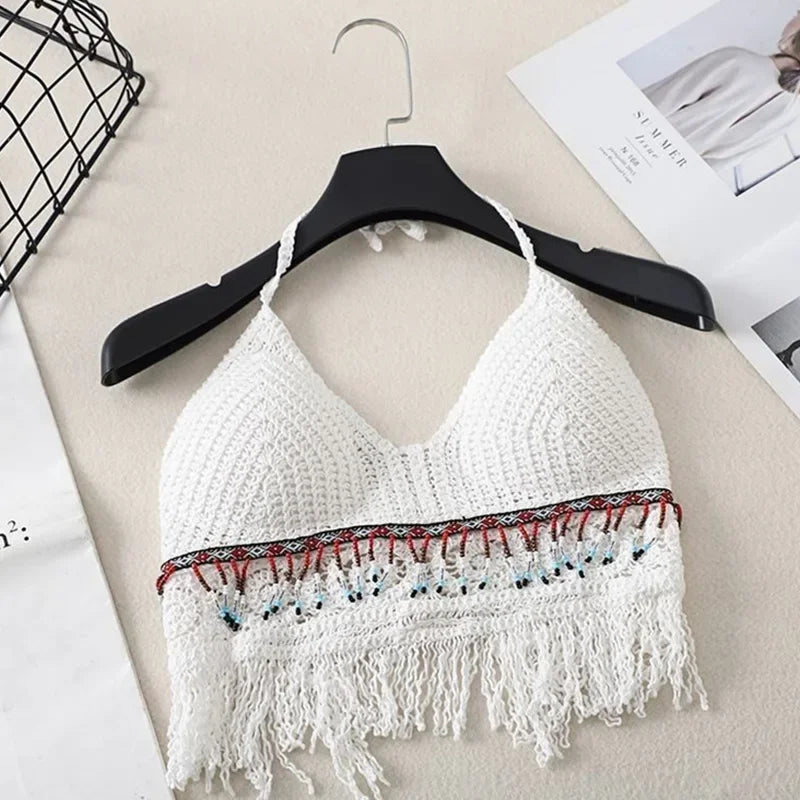 Sexy Hollow Out Underwear Women Summer Beach Short Tank Top Women Sweet Knitted Bra Tassel Women Short Top Debardeur Femme