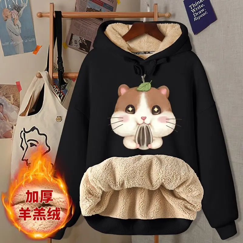 Lamb Velvet Sweatshirt Women New Kiss Cat Print Autumn Winter