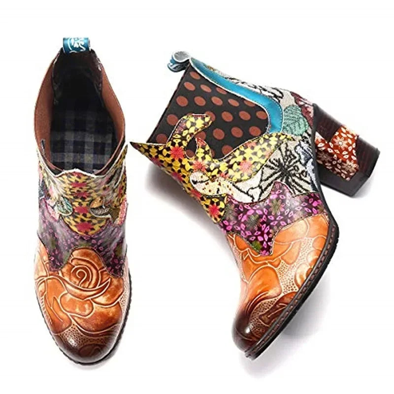 Vintage Splicing Printed Ankle Boots for Women