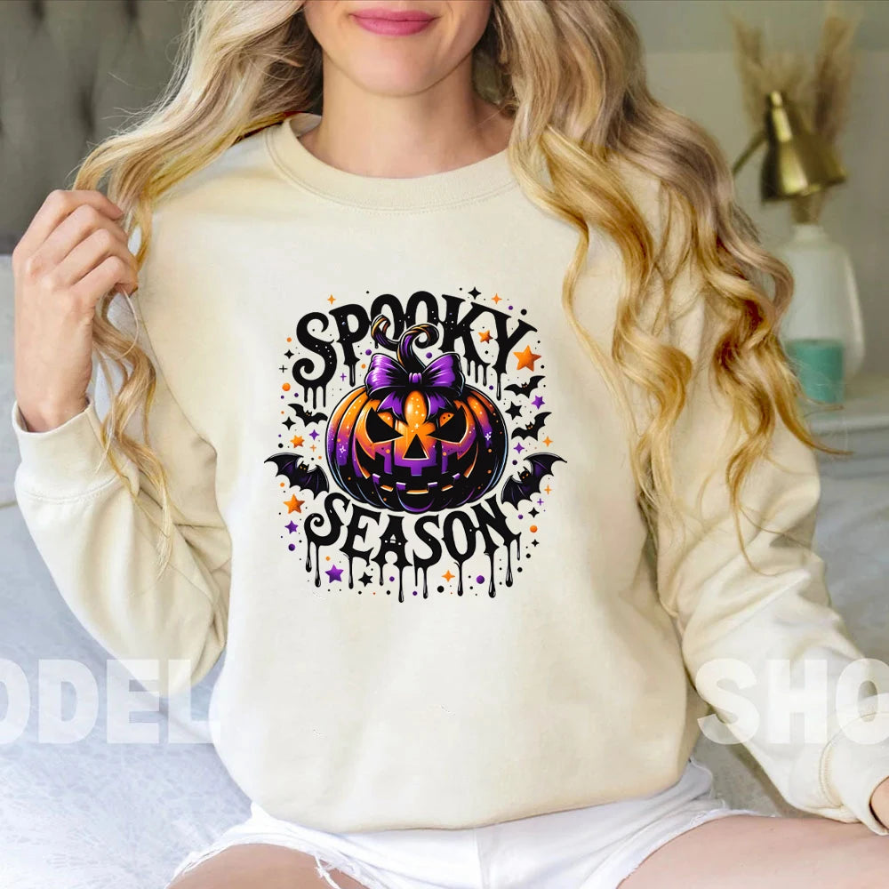 Spooky Season Sweater Retro Halloween Sweatshirts Pumpkin Hoodies Witchy Bats Womens Clothing Spooky Vibes Round Neck Sweatshirt