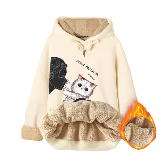 Lamb Velvet Sweatshirt Women New Kiss Cat Print Autumn Winter