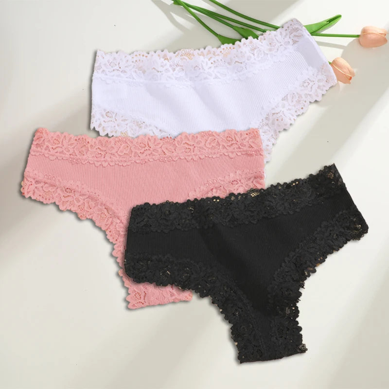 FINETOO 3PCS/Set Cotton Brazilian Underwear for Women Sexy Lace Ribbed Floral Thongs Female Breathable Solid T-back Bikini S-XL