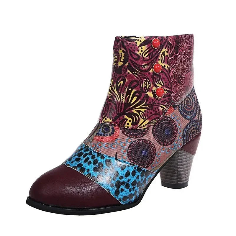 Vintage Splicing Printed Ankle Boots for Women