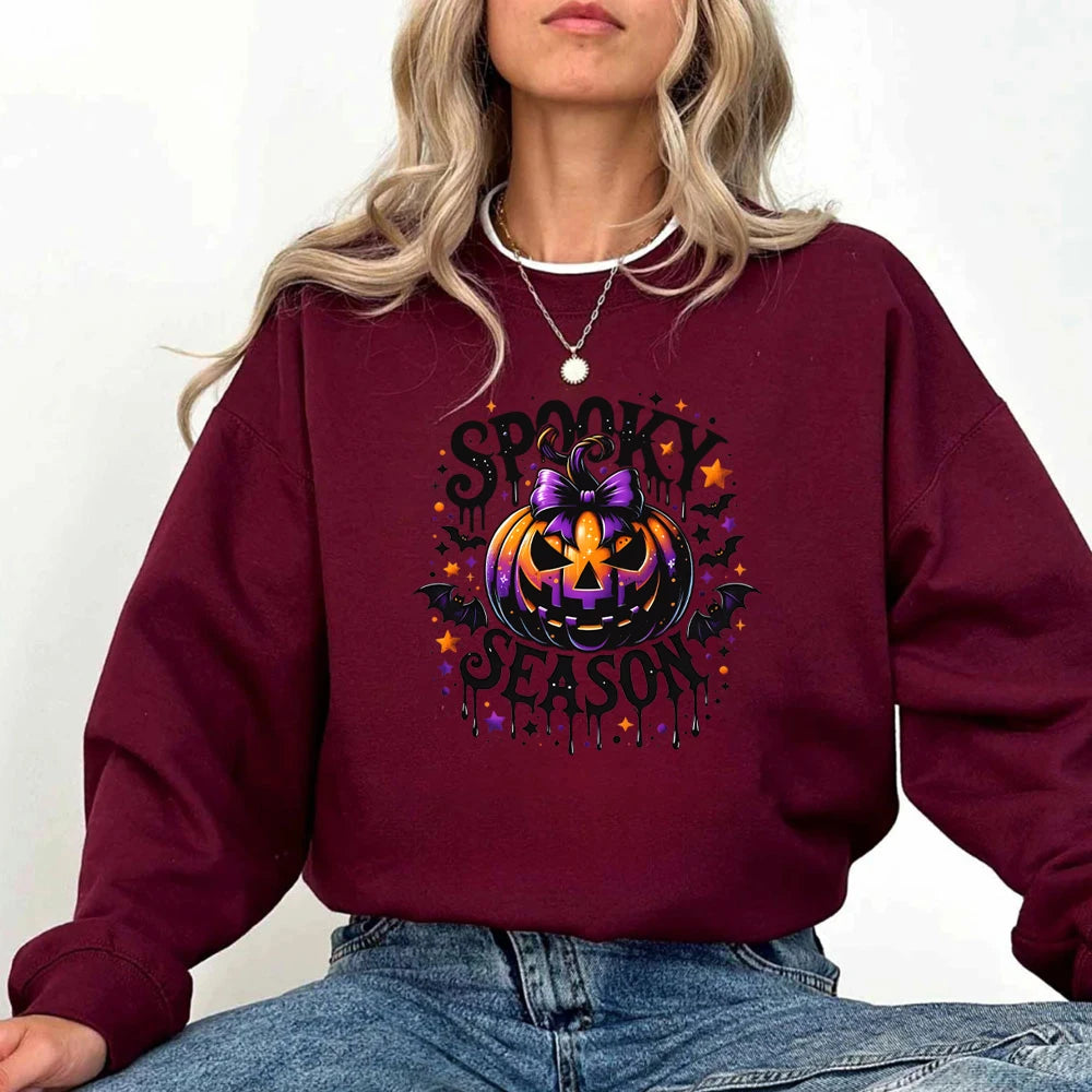 Spooky Season Sweater Retro Halloween Sweatshirts Pumpkin Hoodies Witchy Bats Womens Clothing Spooky Vibes Round Neck Sweatshirt