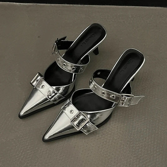 Punk Goth Metal Buckle High Heels Women's Sandals Summer 2024 Pointed Toe Silver Party Shoes Fashion Womens Pumps Shoes Tacones